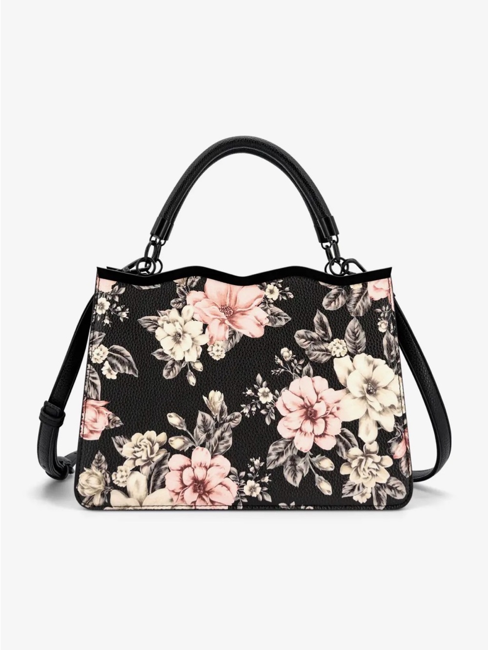 Floral Black Top-Handle Satchel Bag - Pink & Cream Flowers